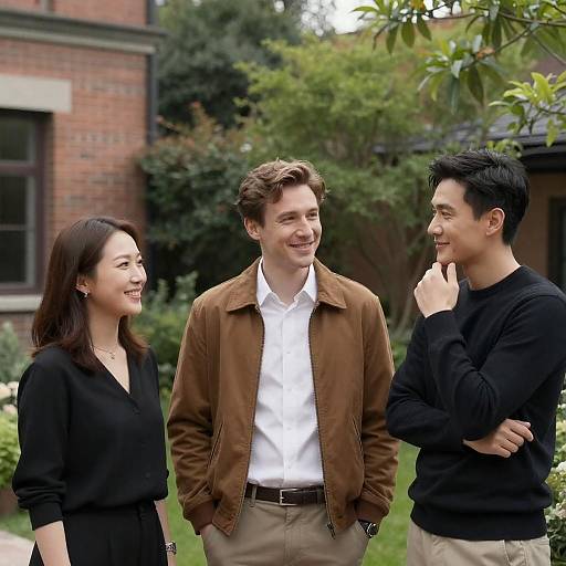 Three People Conversing in Garden Courtyard