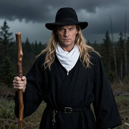 Photograph of a rugged, blond-haired man in a black hat, white scarf, and black robe, holding a wooden staff, standing in a dark