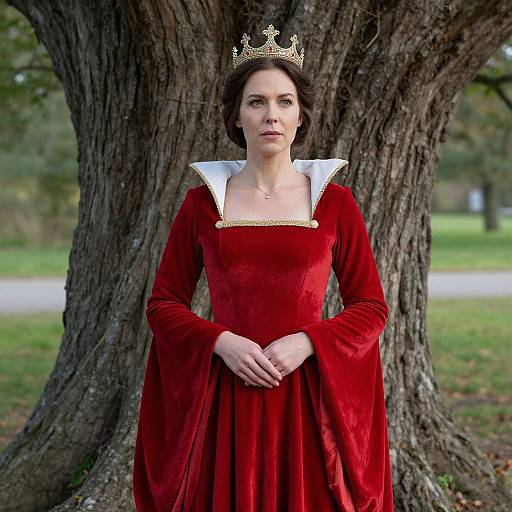 Photograph of a fair-skinned woman with dark hair, wearing a gold crown, red velvet dress with white collar, standing against a large tree in