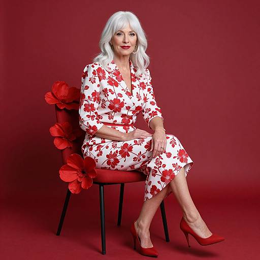 Elegant Woman in Red Floral Outfit