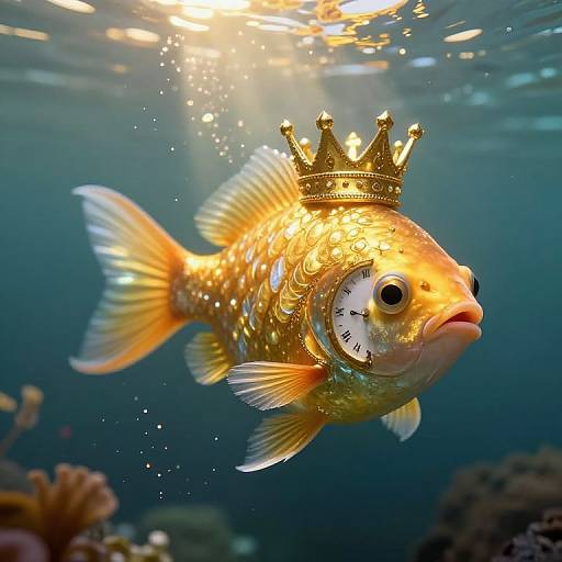 Photograph of a golden-orange fish with a small, ornate crown on its head, wearing a clock around its eye, swimming underwater with sunlight filtering