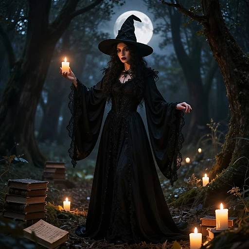 Mysterious witch in black lace gown and hat, holding candle, standing in moonlit forest surrounded by candles and books. Digital art.
