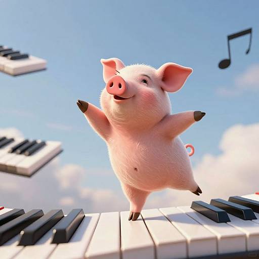 CGI cartoon pig with pink fur and a joyful expression dancing on floating piano keys against a blue sky with clouds. Musical note in the background.