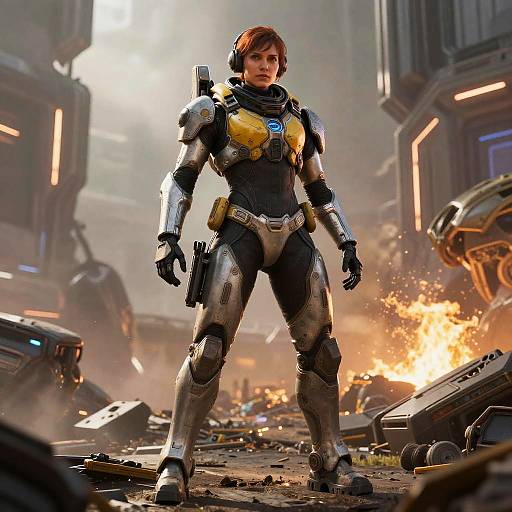 Futuristic Female Soldier on Alien Battlefield