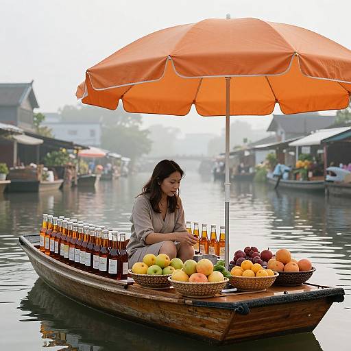 Photograph of an Asian woman selling fruit and orange juice on a wooden boat with an orange umbrella, floating on a calm canal with traditional houses in the