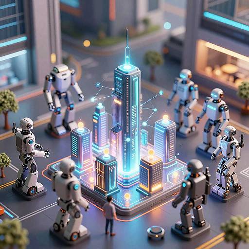 Photorealistic CGI of glowing, futuristic city square with six white robots, neon-lit skyscrapers, and a small human figure, set against
