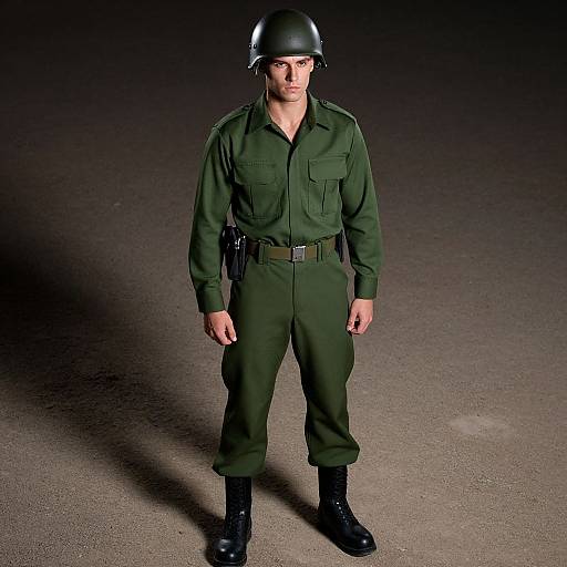 Photograph of a serious male soldier in dark green uniform, black helmet, and boots, standing on a shadowy concrete floor.