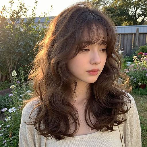Woman with Voluminous Soft Bangs in Garden
