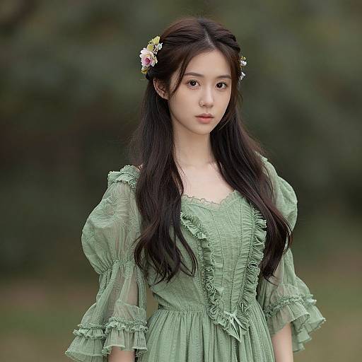 Photograph of an East Asian woman with long black hair, wearing a green lace Victorian-style dress, adorned with a floral hairpiece, standing in a