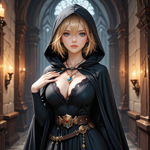 Young Woman in Hooded Cloak in Gothic Castle