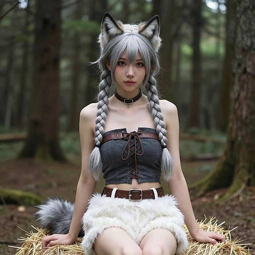 Digital artwork of a pale-skinned woman with silver braided hair, cat ears, and a furry tail, wearing a black corset and white furry