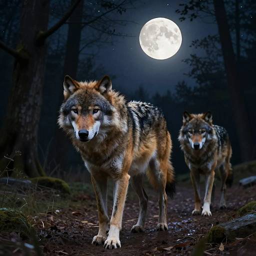Photograph of two wolves with intense eyes, under a full moon in a dark, misty forest, standing on a dirt path.