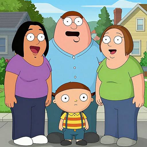 Cartoon family of four with exaggerated features: mother in purple, father in blue, sister in green, and son in yellow-striped shirt, standing in