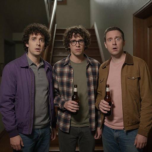 Three Men with Beer Bottles in Dim Hallway