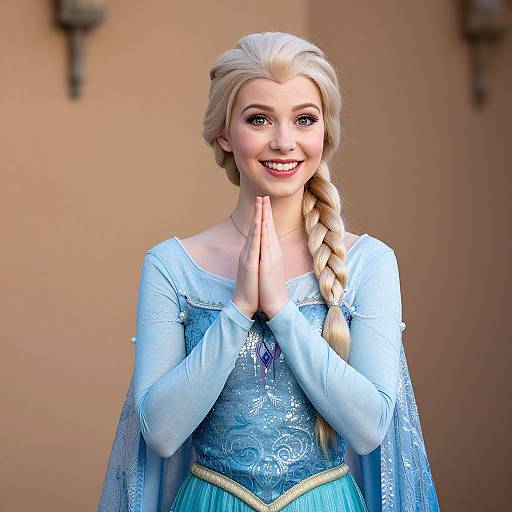 Photograph of a smiling young woman with blonde hair in a braid, wearing a light blue Frozen Elsa dress, hands together in a prayer pose,