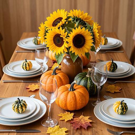 Photograph of a wooden table set for six, featuring sunflowers, small pumpkins, and gourds, with white plates, wine glasses,