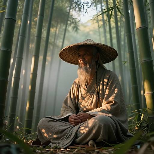 Photograph of an elderly Asian man with a long white beard, wearing a traditional conical hat and loose grey robe, sitting cross-legged in a mist