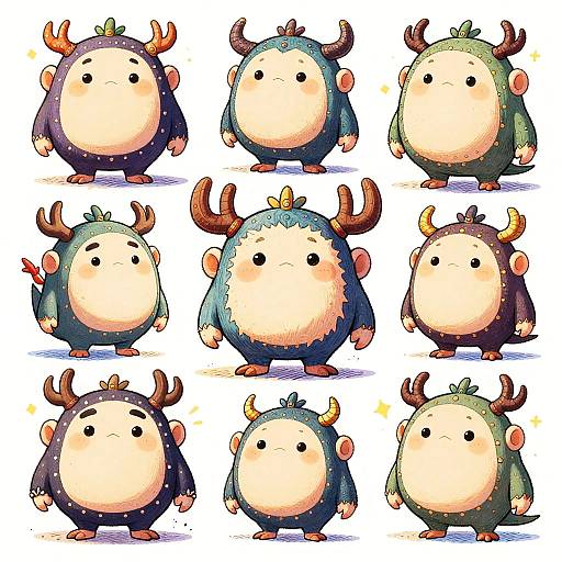 Cartoon drawing of nine chubby, blue and green, horned monsters with round faces and small arms, standing in a 3x3 grid.