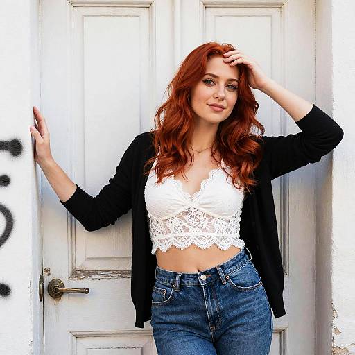 Photograph of a red-haired woman with wavy hair, wearing a white lace crop top, black cardigan, and blue jeans, standing against a
