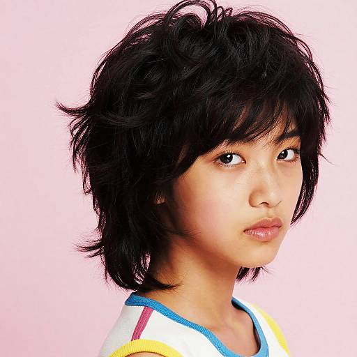 Digital portrait of an Asian woman with short, wavy black hair, light skin, and a neutral expression, wearing a colorful top.