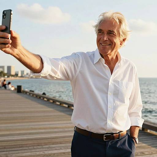Photograph of an elderly man with white hair, smiling, wearing a white shirt and dark pants, taking a selfie on a wooden pier by the sea
