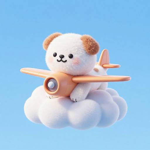 Cute, fluffy white bear with brown ears sitting on a cloud, holding a small orange toy airplane against a bright blue sky. Digital art.