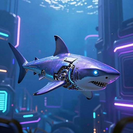 Futuristic Biomechanical Cat-Shark Hybrid in Neon Underwater City