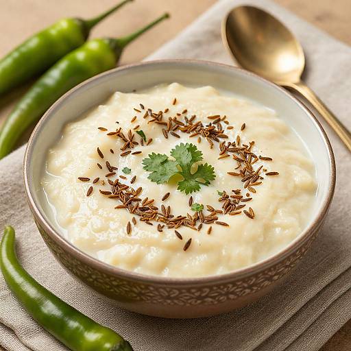 Photograph of creamy white raita topped with brown cumin seeds, a green cilantro leaf, and surrounded by green chili peppers on a gray