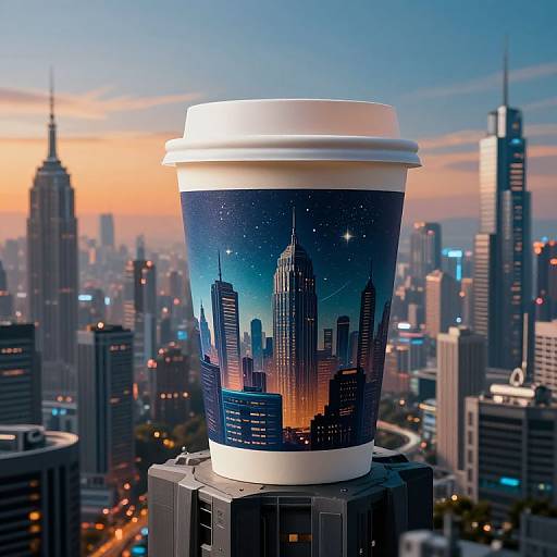 Photograph of a coffee cup with a cityscape design, featuring skyscrapers and stars, placed on a rooftop against a twilight city skyline.