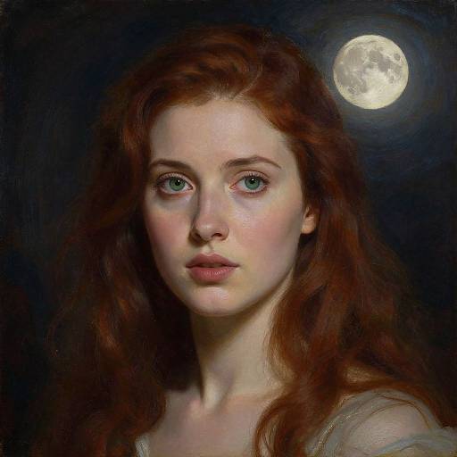 Digital painting of a fair-skinned, red-haired woman with green eyes, gazing forward, against a dark background with a bright full moon.