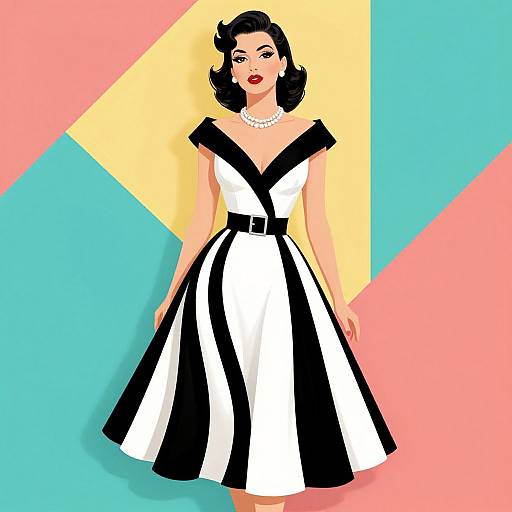 Digital illustration of a fair-skinned woman with black wavy hair, wearing a black-and-white striped, V-neck, sleeveless dress with a pearl