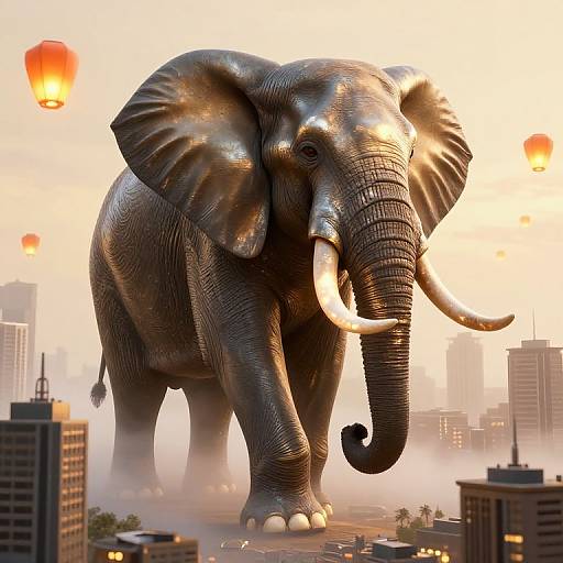 Giant, metallic elephant with glowing white tusks strides through a cityscape at sunset, surrounded by floating orange lanterns. CGI artwork.