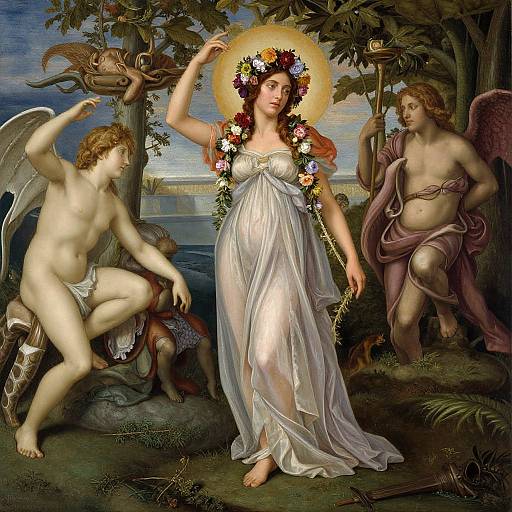 Renaissance painting of a flower-crowned, haloed woman in a white gown, flanked by winged cherubs and a muscular, partially