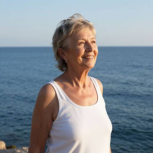 Photograph of a smiling elderly woman with short gray hair, wearing a white tank top, standing by a calm blue ocean under clear sky.