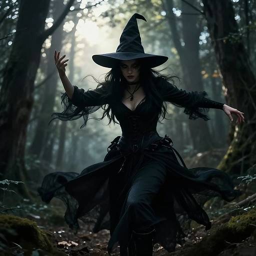 Dark Witch in Forest with Cat-like Features