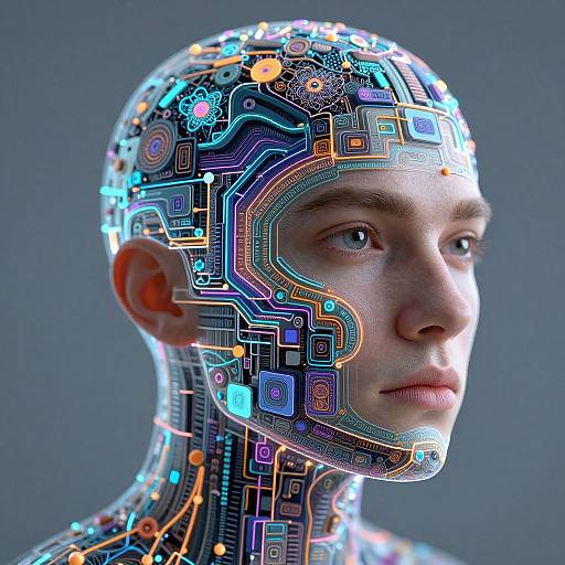 Digital CGI image of a human head with a glowing, circuit board-like interface, featuring colorful neon patterns and intricate wiring.