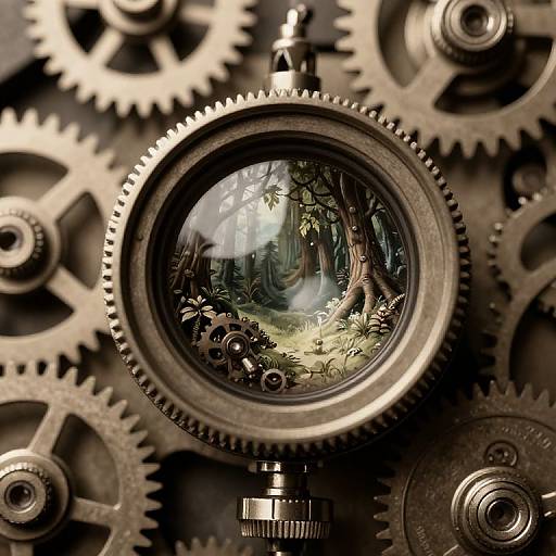 Digital artwork of a steampunk clock lens showing a vibrant forest scene, surrounded by intricate metal gears and cogs.