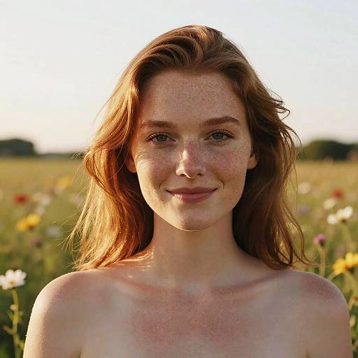 Photograph of a freckled, red-haired young woman with fair skin, smiling softly, standing topless in a sunlit meadow of wild