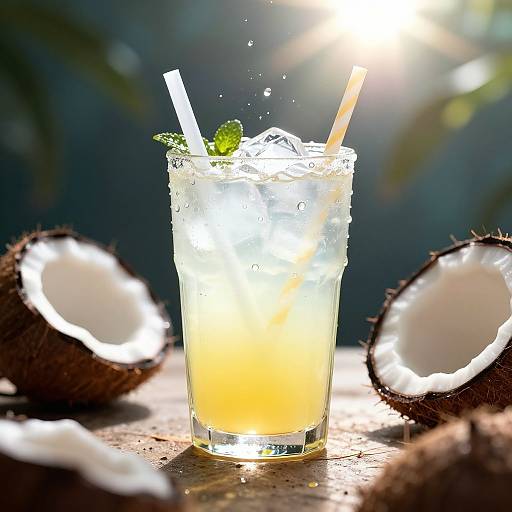Photograph of a refreshing coconut drink with ice cubes, a straw, and mint garnish, surrounded by halved coconuts and sunlight.