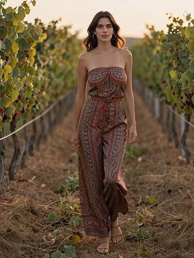 Photograph of a dark-haired woman in a strapless, patterned jumpsuit walking down a vineyard path at sunset.