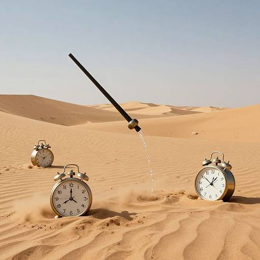 Photograph of three classic alarm clocks in a desert, one clock upright with water pouring out, others lying flat, under a clear blue sky.