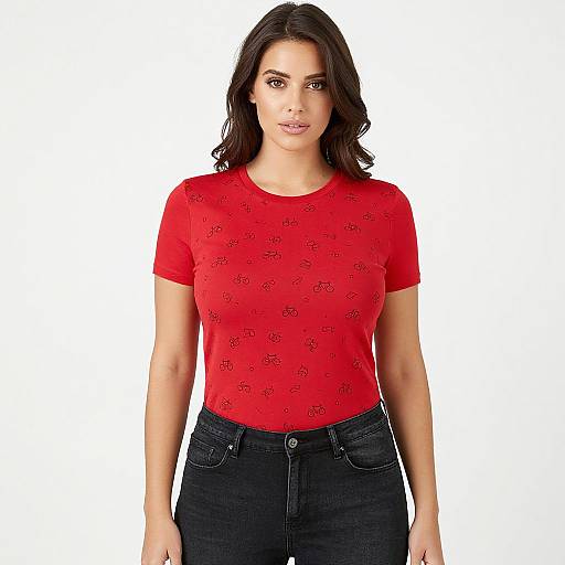 Photograph of a woman with medium skin tone, dark brown wavy hair, wearing a red short-sleeve patterned top and black jeans,