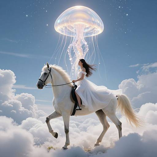 Digital artwork: A woman in a flowing white dress rides a white horse, with a glowing jellyfish above them, surrounded by clouds against a bright blue