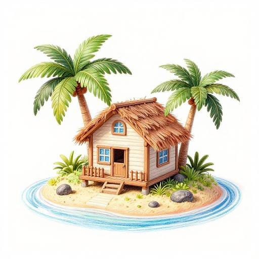 Colorful digital illustration of a small, thatched-roof wooden hut on a sandy island with two palm trees, surrounded by blue water and rocks.