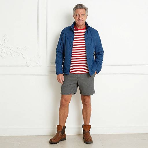 Photograph of a middle-aged man with gray hair, blue jacket, red-and-white striped shirt, gray shorts, brown boots, standing against a white