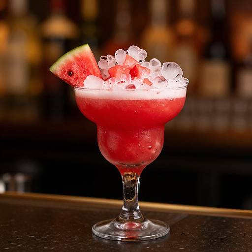 Photograph of a vibrant red cocktail with ice cubes, a watermelon slice garnish, in a clear glass on a bar counter. Blurred bar