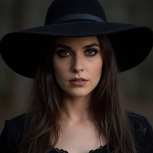 Photograph of a pale-skinned woman with dark brown hair, wearing a large black hat and lace top, with intense blue eyes and neutral makeup,