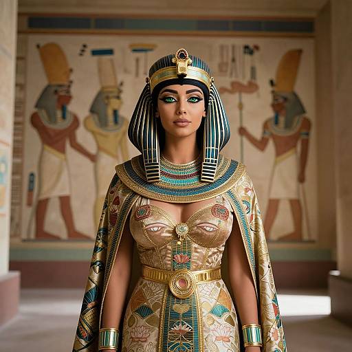 CGI image of an Egyptian queen with blue-black striped headdress, gold and blue ornate dress, and detailed jewelry, standing in front of ancient