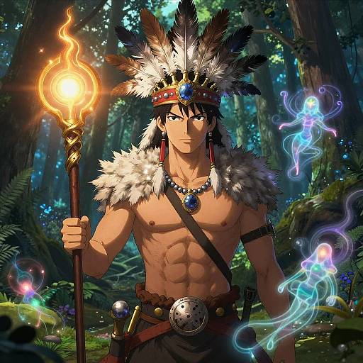 Digital illustration of a muscular, shirtless Native American man with feathered headdress, holding a glowing torch, in a mystical forest.