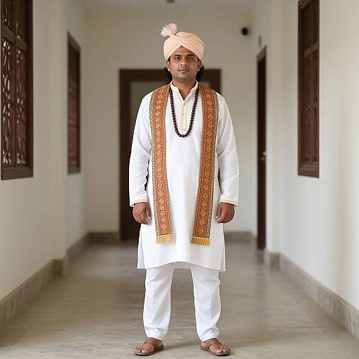 Photograph of a South Asian man in white traditional attire, orange scarf, beige turban, black beads, standing in a white corridor.